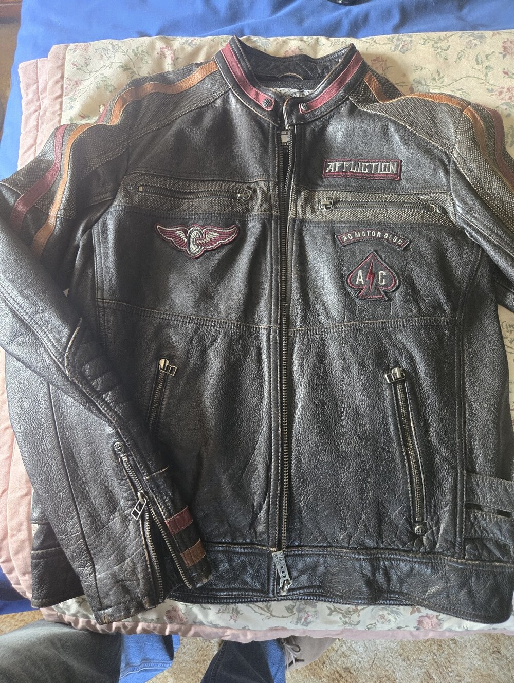 Affliction Black Leather Bomber Jacket with Red and Brown Trim